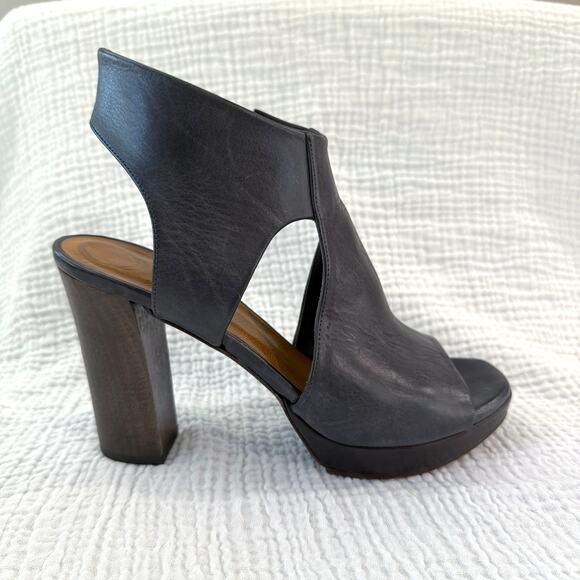 Coclico Platform Wood Heels Size 36.5 Dark Gray Blue Leather Cut Out Open Toe - Picture 1 of 15